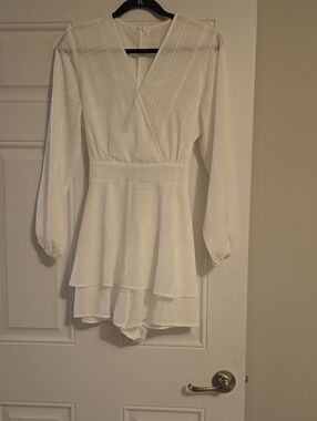 White Long-Sleeve V-Neck Tiered Romper